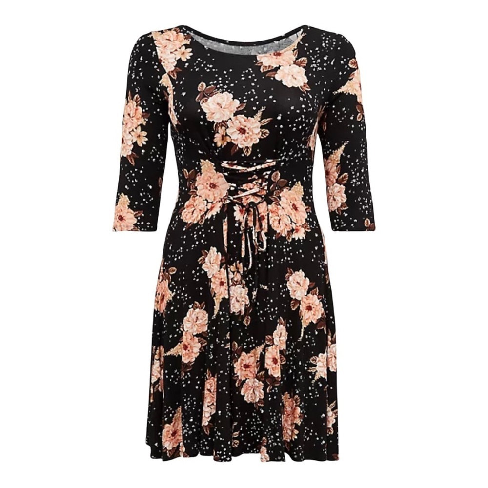 NWT Torrid Black Floral Jersey Corset Back Mini Fluted Skater Dress. Size 2X - Picture 9 of 12